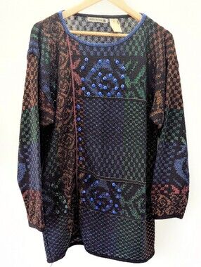 Vintage Rino Rossi Metallic Knit Rhinestone Sweater Colorblock Lurex 80s Size M